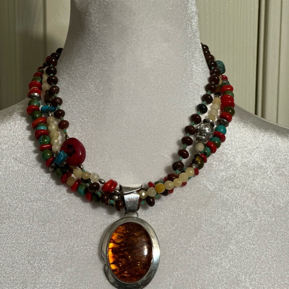 EUC 925 STERLING SILVER NECKLACE 925 Multi Strand Turquoise Coral
